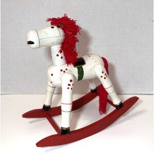 Large Wooden Rocking Horse Christmas Ornaments Painted Red White Vintage 10"